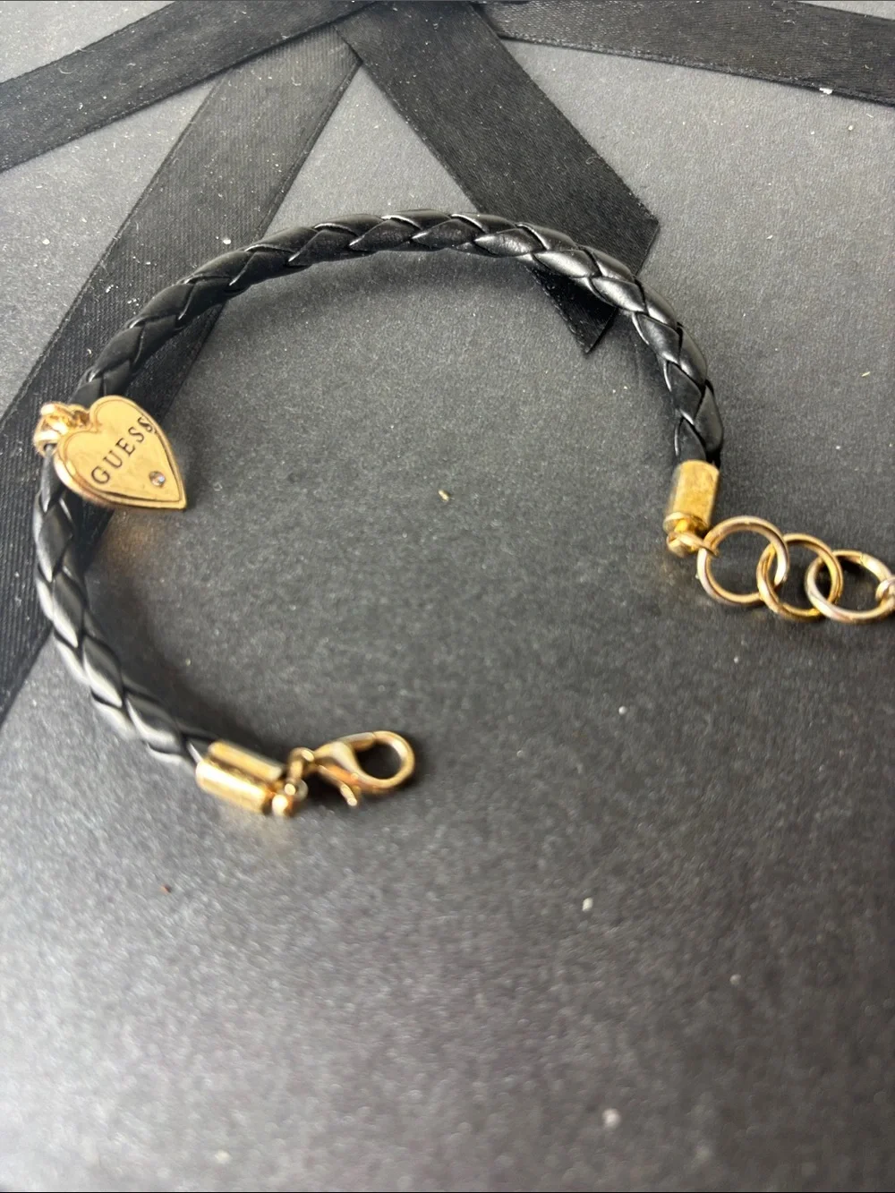 GUESS Black Braided Leather Bracelet with Gold Heart Charm Adjustable
